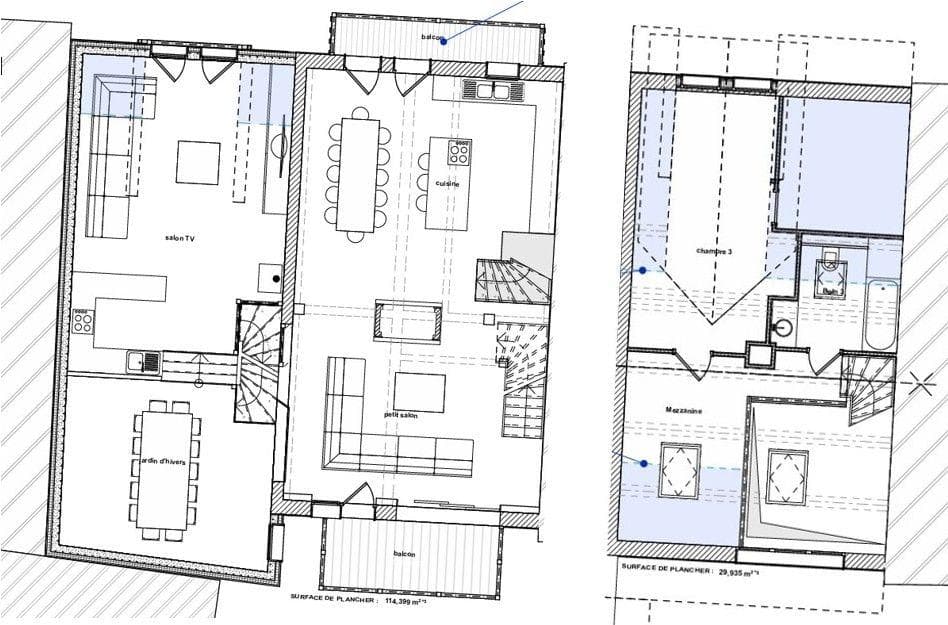 Floor plan: open-plan living, dining, kitchen, balcony, and upper mezzanine level