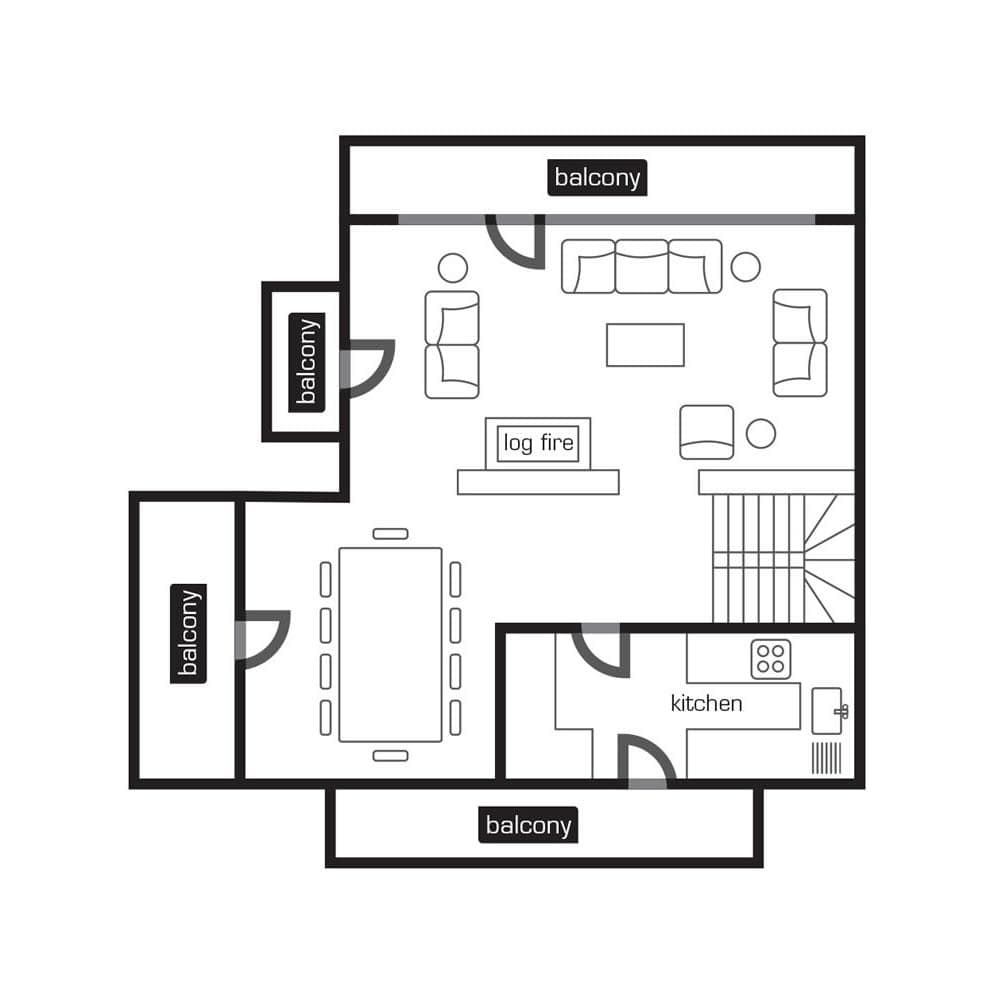 Floor plan: open-plan living with log fire, kitchen, and four private balconies