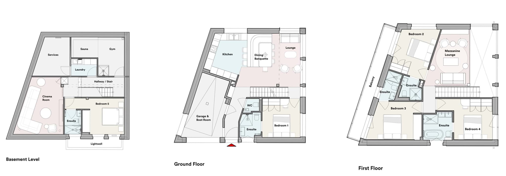Three-level floor plan featuring cinema, gym, sauna, and five ensuite bedrooms