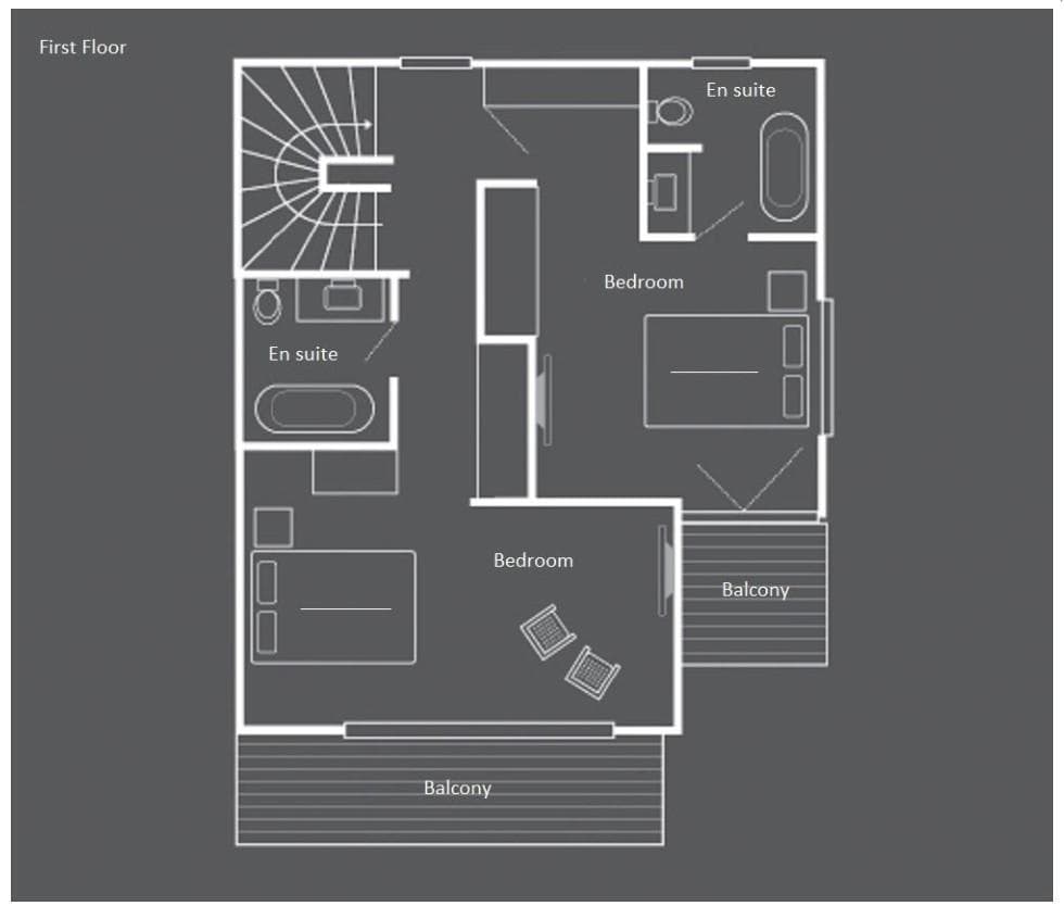 First floor plan: two bedrooms with en suite bathrooms and private balconies