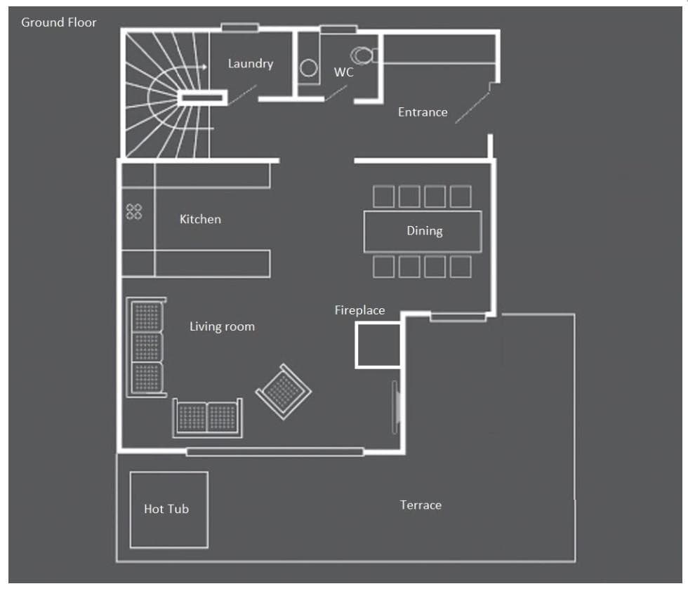Ground floor plan: open kitchen, living area with fireplace, and terrace with hot tub