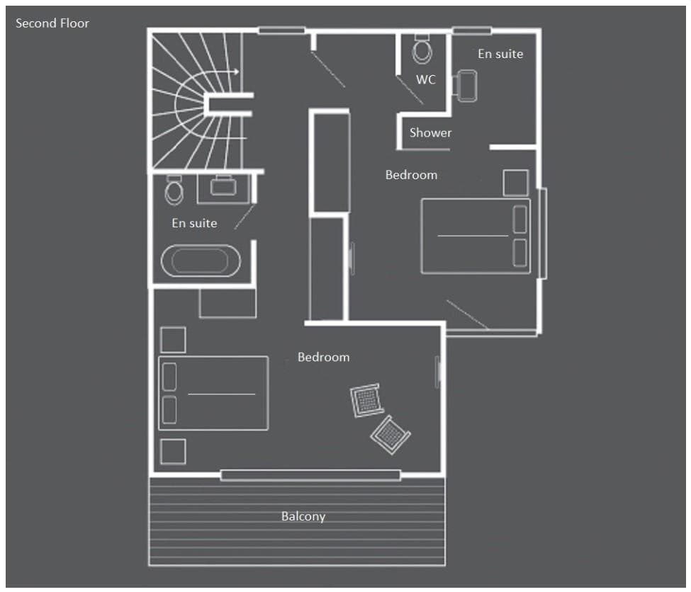 Second floor plan: two bedrooms with en suites and shared balcony access