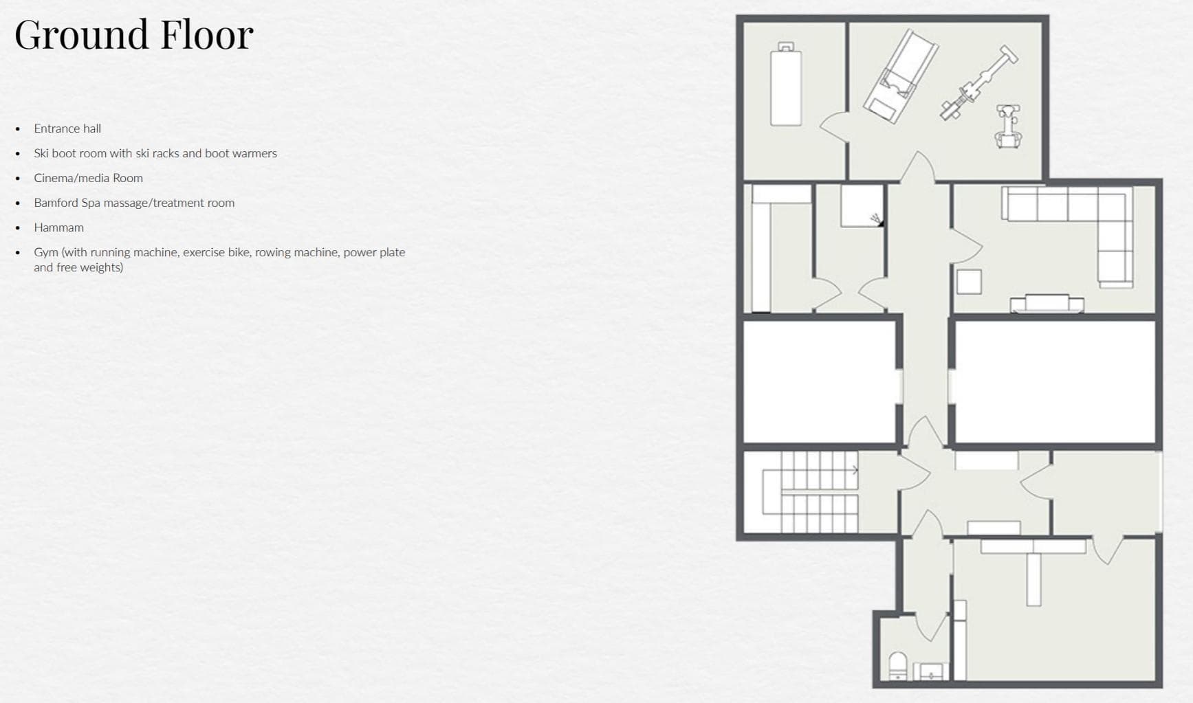 Ground floor plan: gym, cinema, spa treatment room, and ski boot room