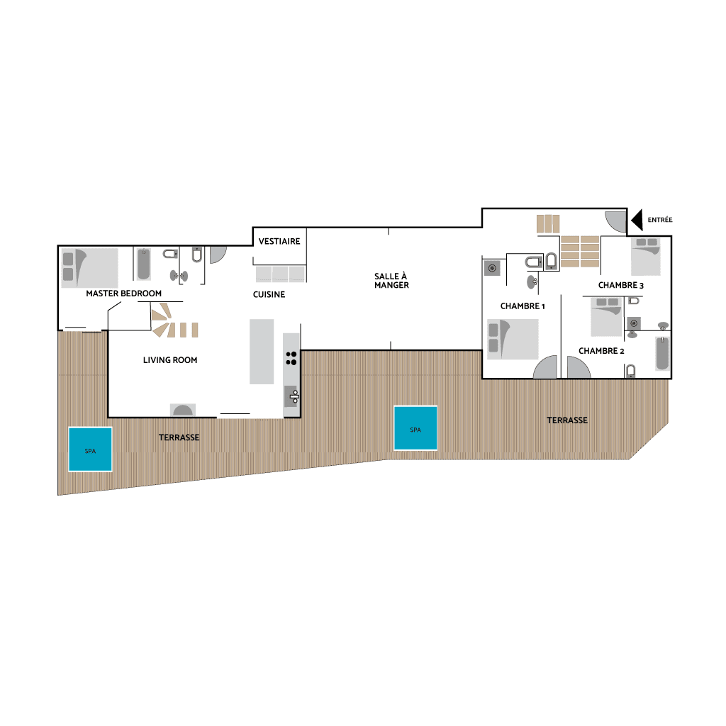 Floor plan: 4 bedrooms, 4 bathrooms, large terrace with two outdoor spas