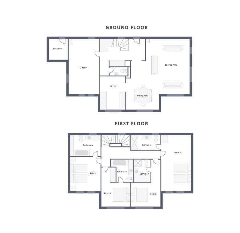 Floor plan: ground floor living areas plus four bedrooms with en-suite bathrooms upstairs