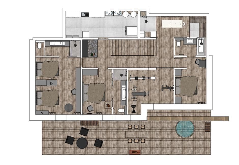 Floor plan: three bedrooms, private gym, and terrace with hot tub