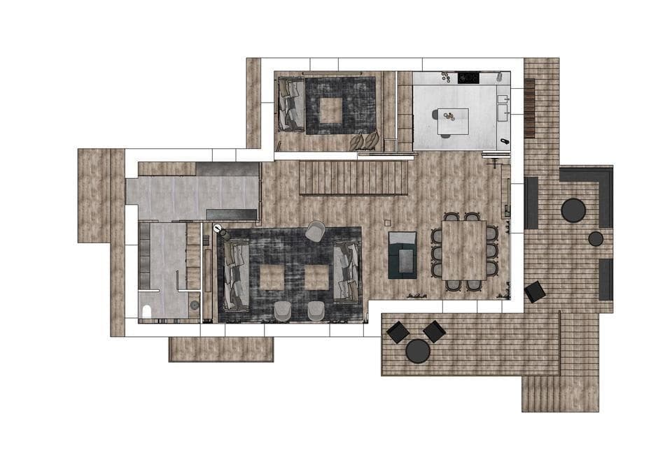 Main floor plan: open living area, dining for 6, kitchen, and wrap-around deck
