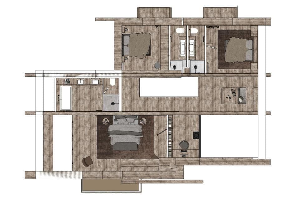 Upper floor plan: three bedrooms, two bathrooms, and a central landing