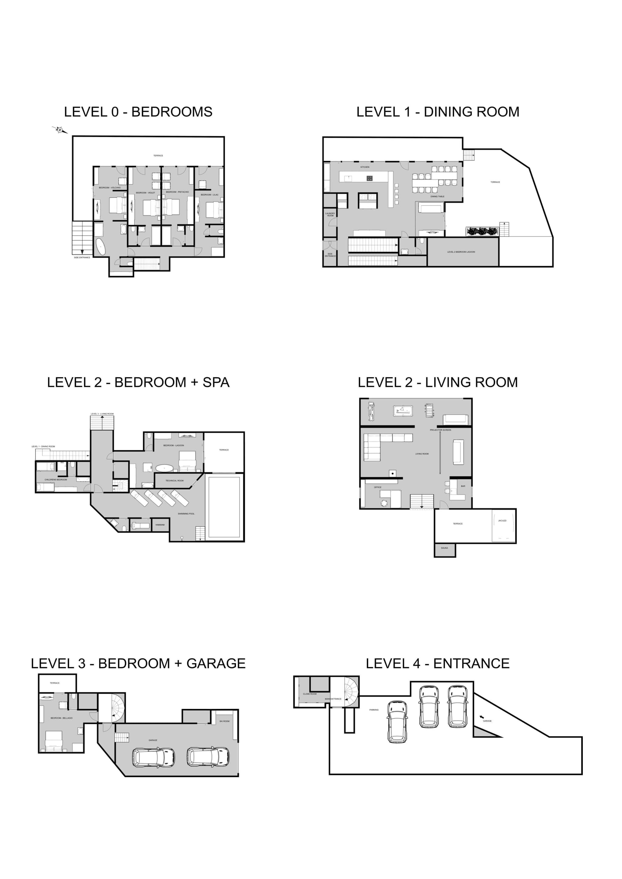 Multi-level floor plan: 5 bedrooms, spa with pool, garage, and rooftop entrance