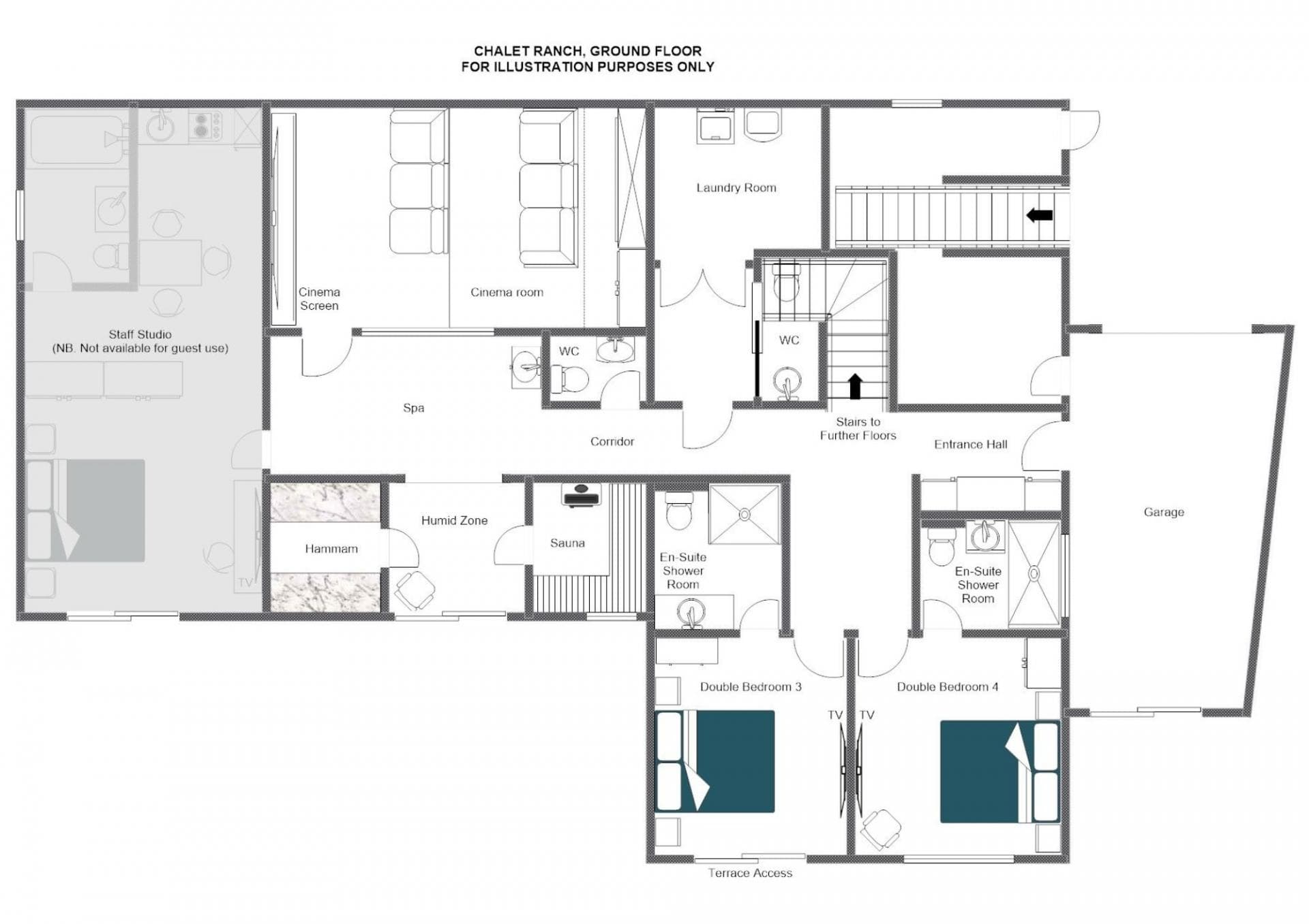 Ground floor plan: garage, cinema, spa area, laundry, and two en-suite bedrooms