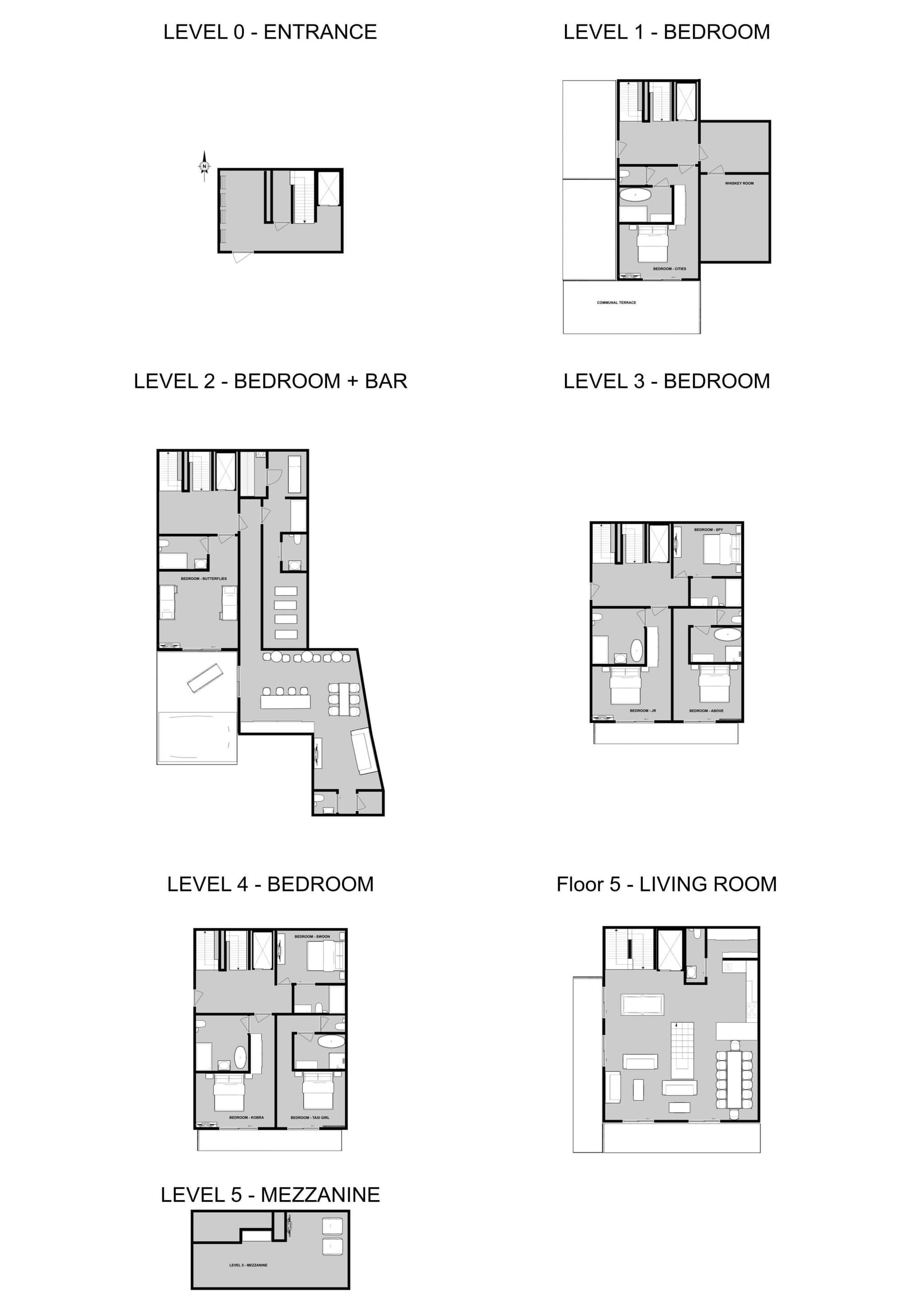 Full floor plan: seven levels including whiskey room, bar, and communal terrace