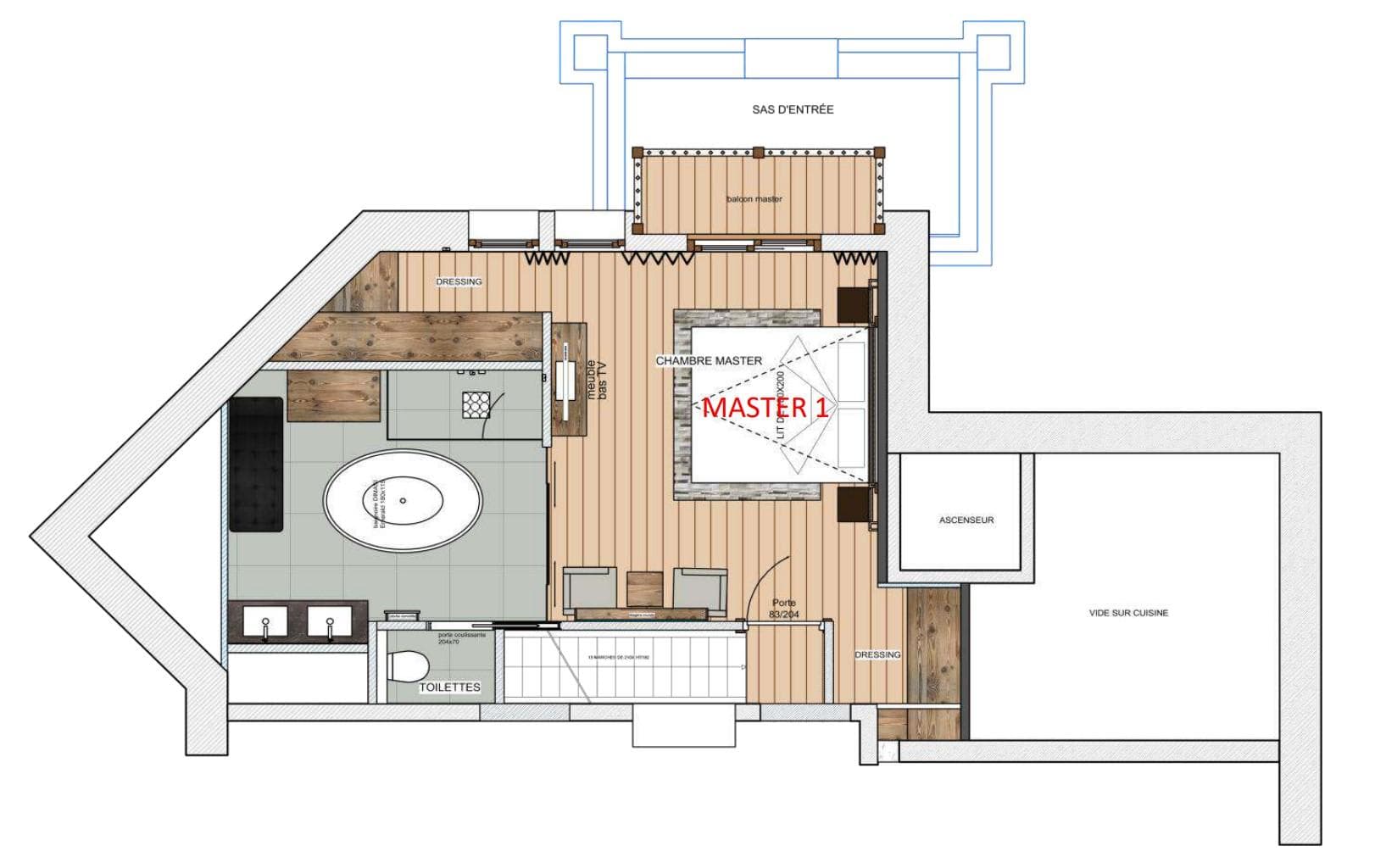 Master suite floor plan: bedroom, private balcony, walk-in dressing room, and ensuite bath