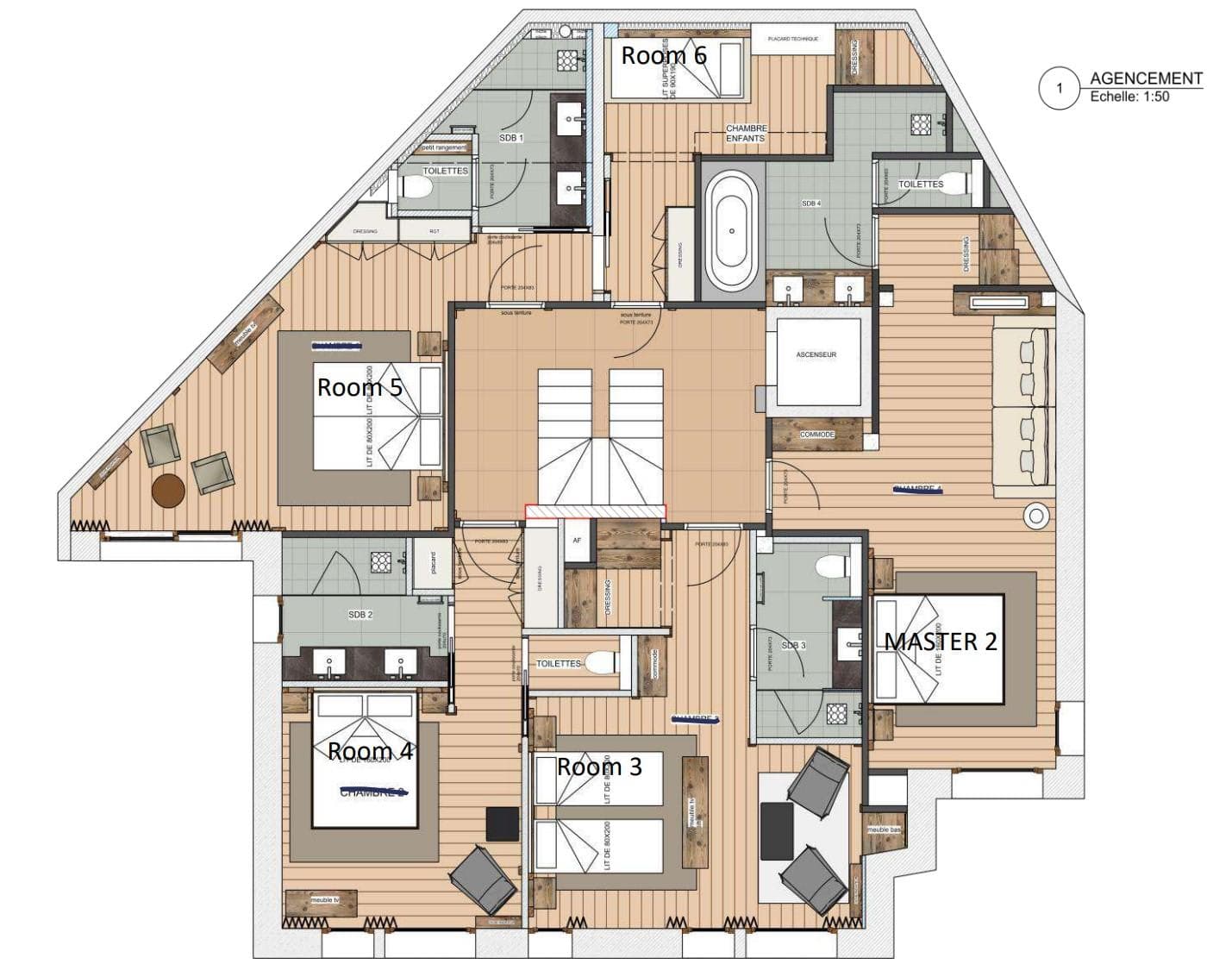 Floor plan: five bedrooms, four bathrooms, elevator access, and central staircase
