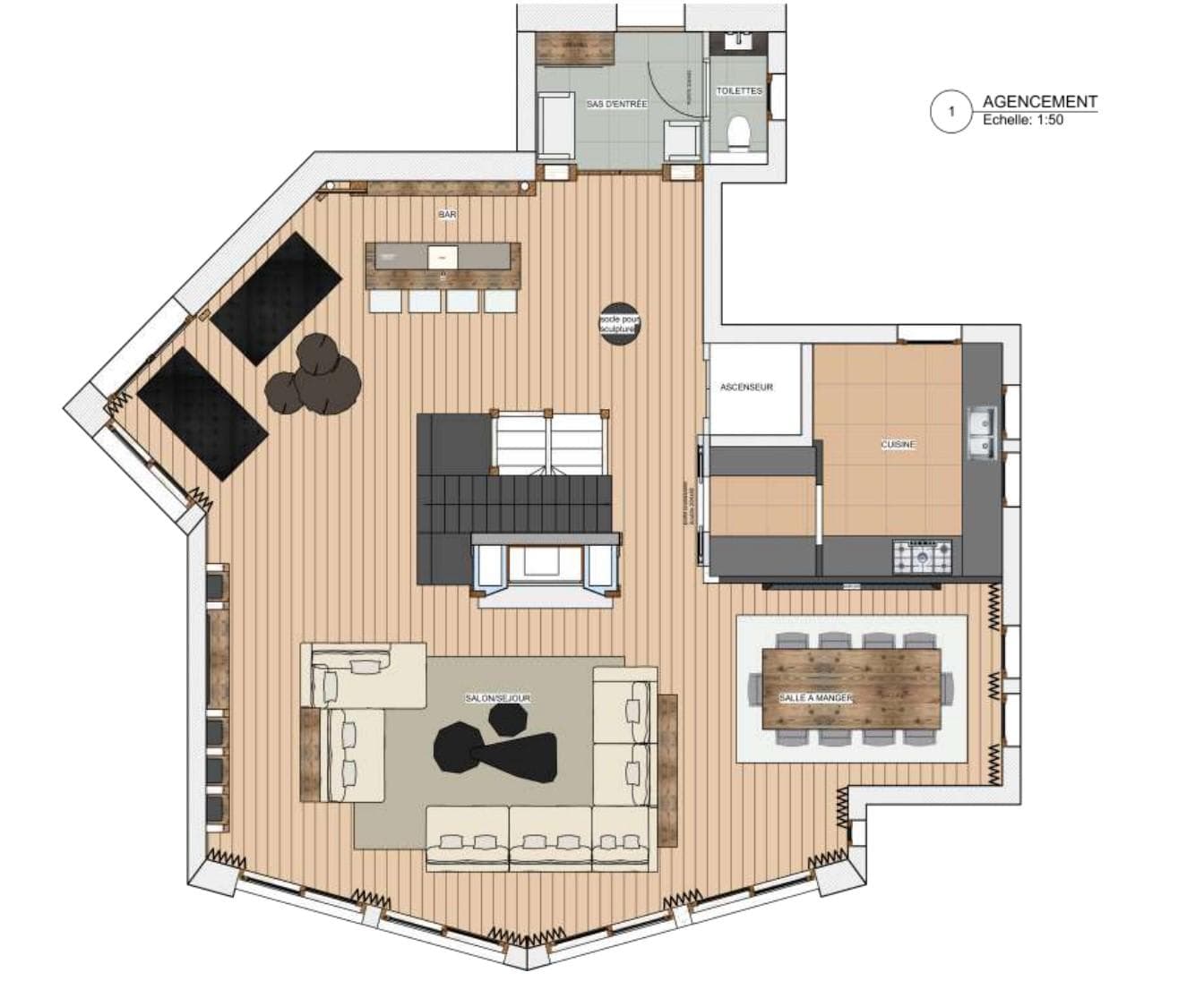Floor plan: open-plan living and dining areas with elevator access