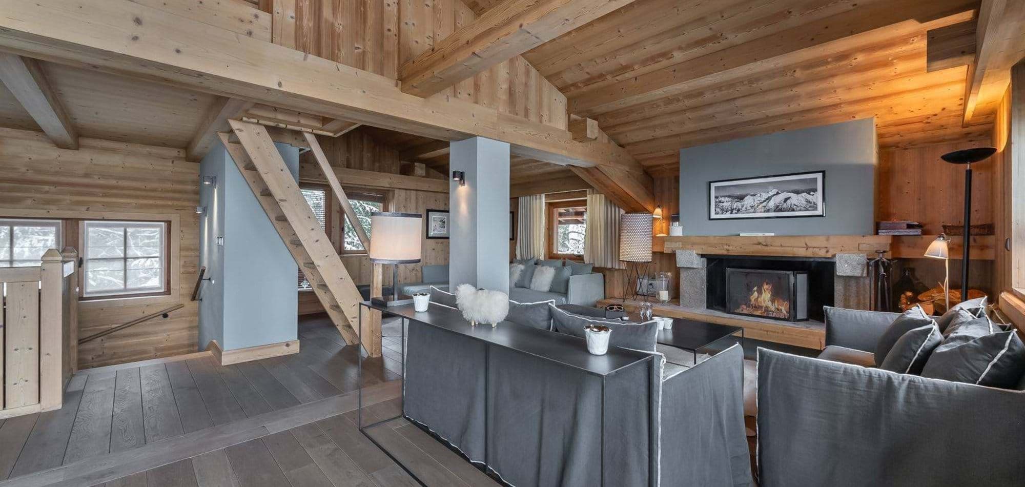 Living area with wood-burning fireplace and loft access ladder
