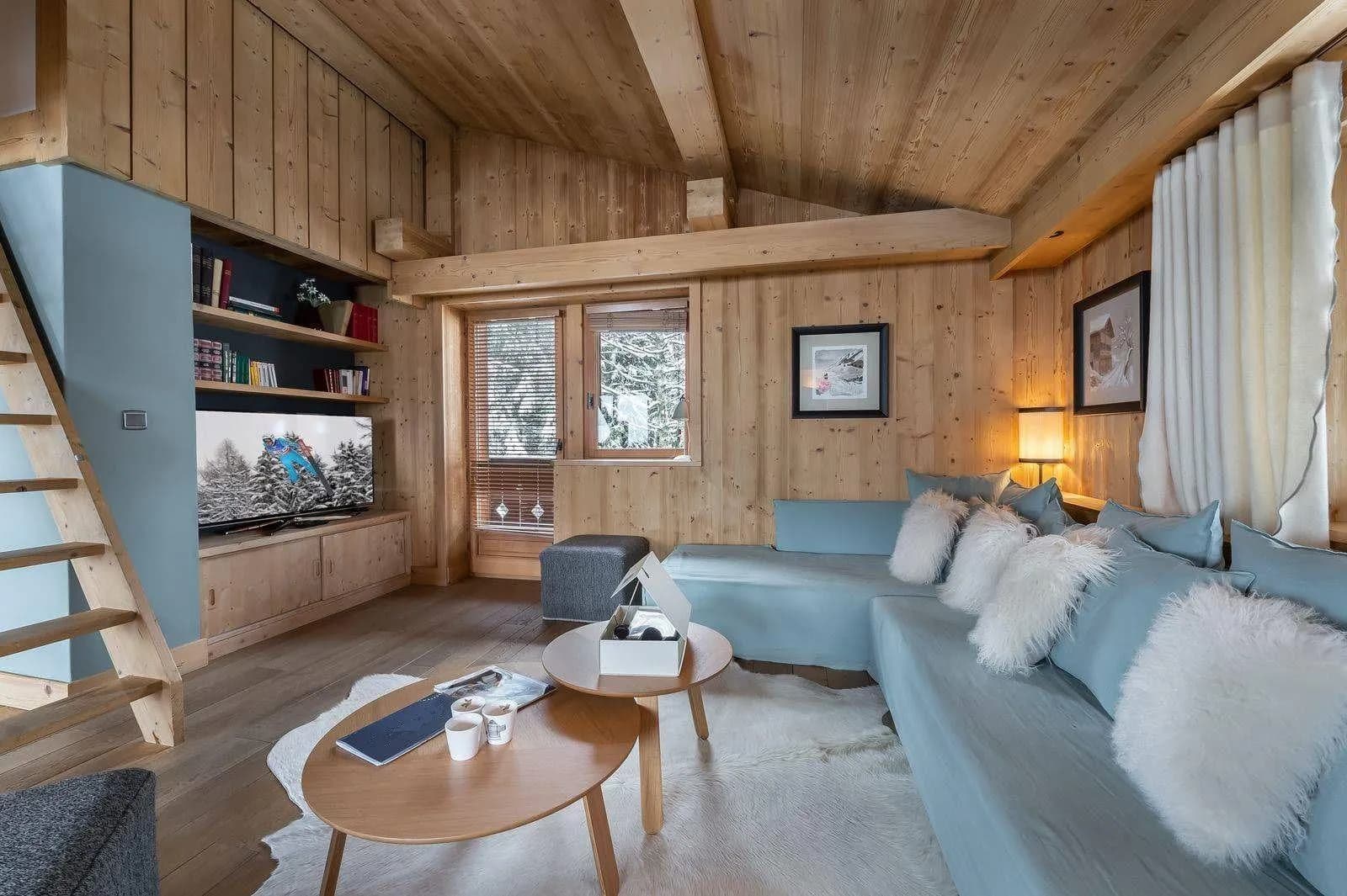 Living room seating beneath the mezzanine