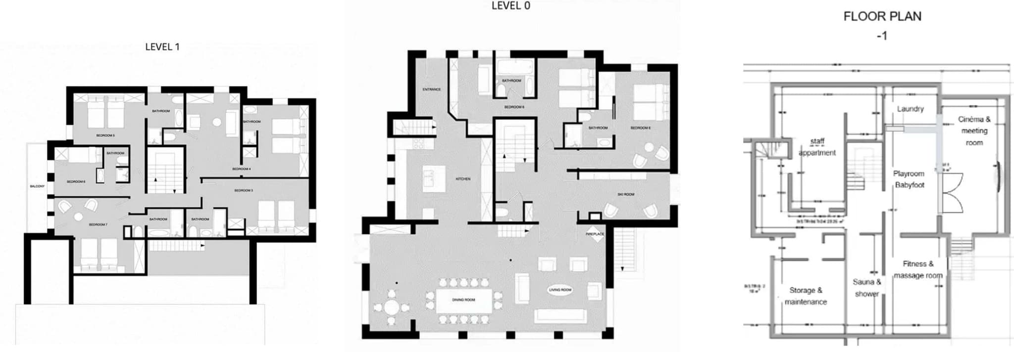 Floor plans for three levels including cinema, sauna, fitness room, and seven bedrooms