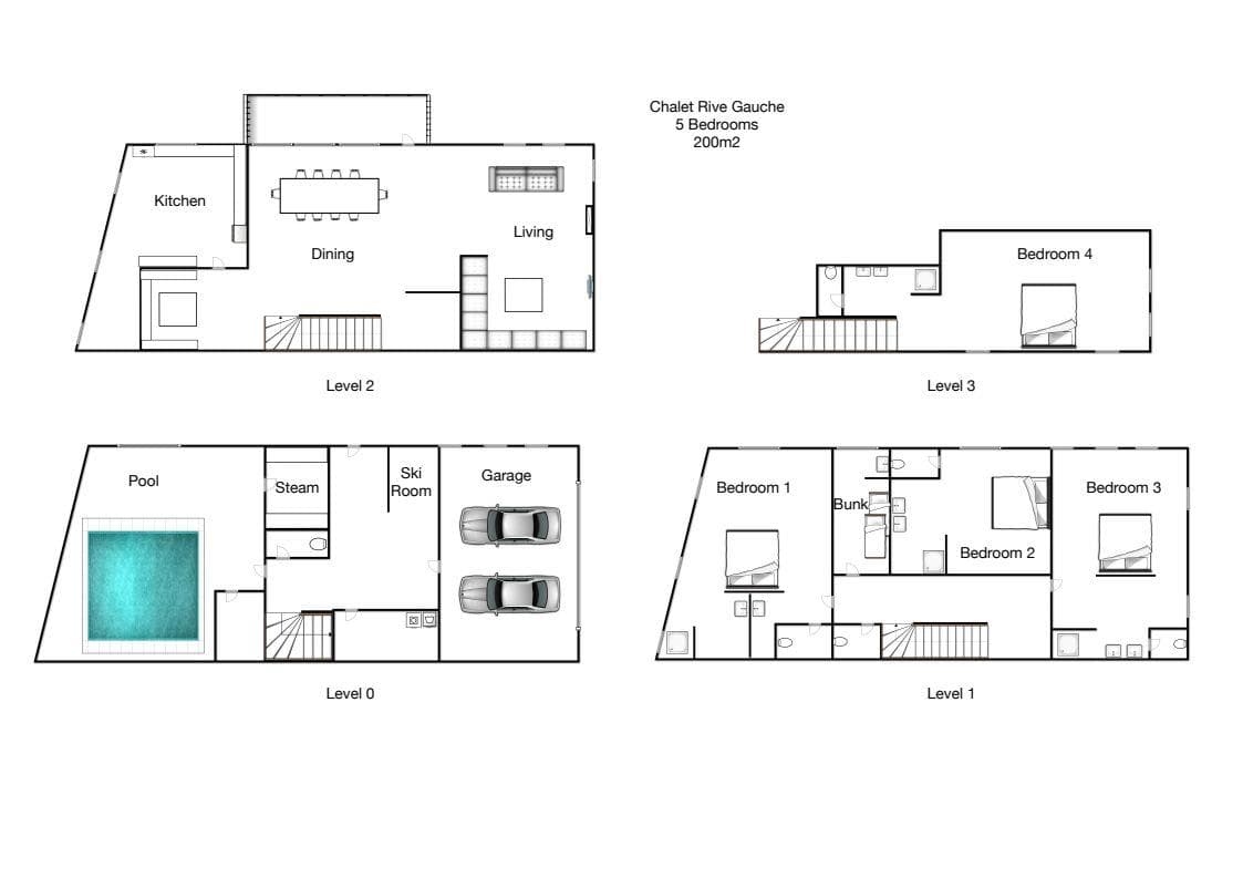 Four-level floor plan showing 5 bedrooms, indoor pool, and steam room