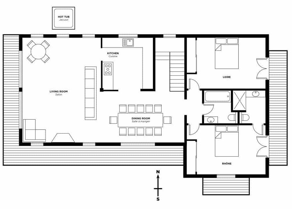 Floor plan: open-plan living, two bedrooms, shared bath, and outdoor hot tub