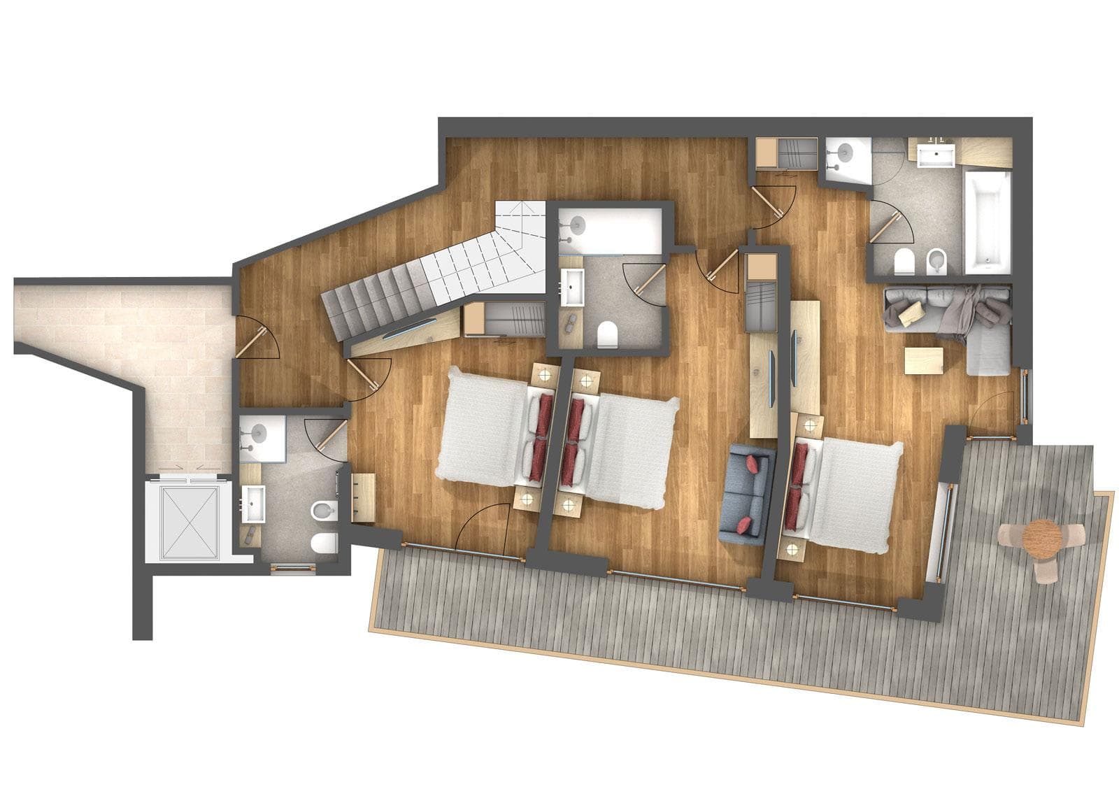 Floor plan: two bedrooms, three bathrooms, lounge area, and full-length balcony