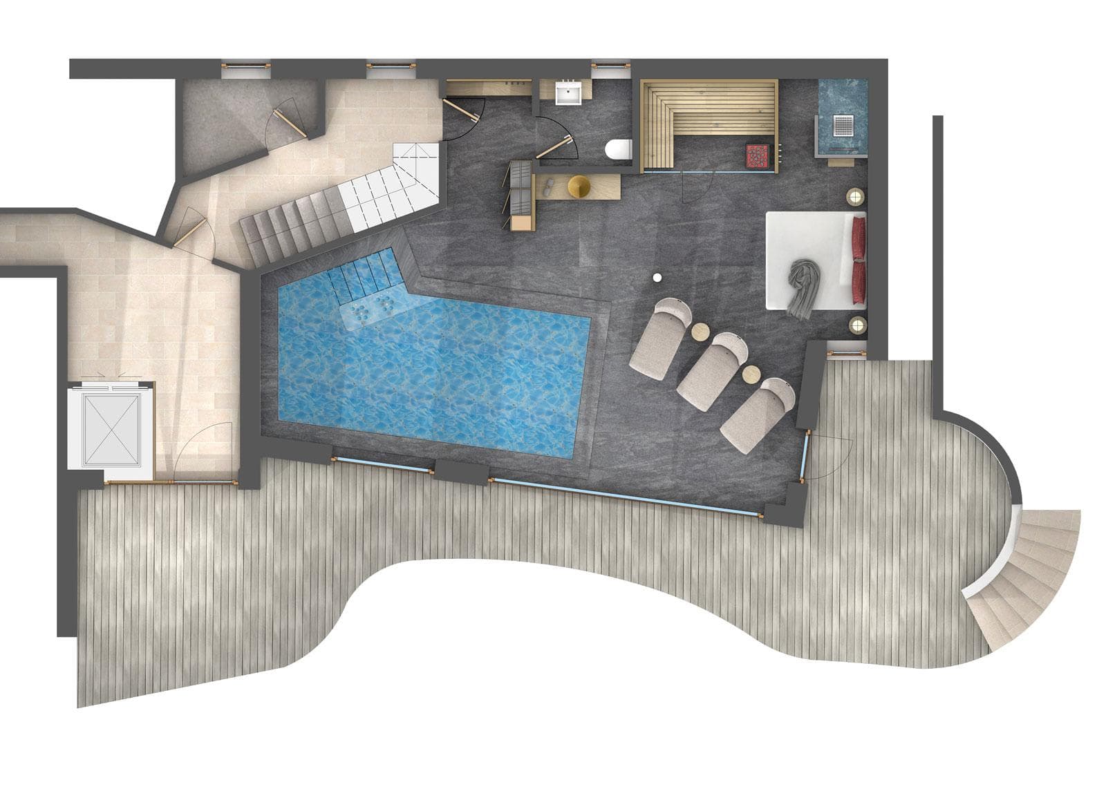 Lower level floor plan: indoor pool, sauna, bar, and outdoor terrace