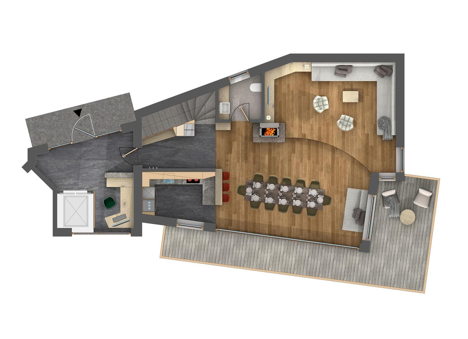 Open-plan floor layout: kitchen, 10-seat dining area, living room, and private deck