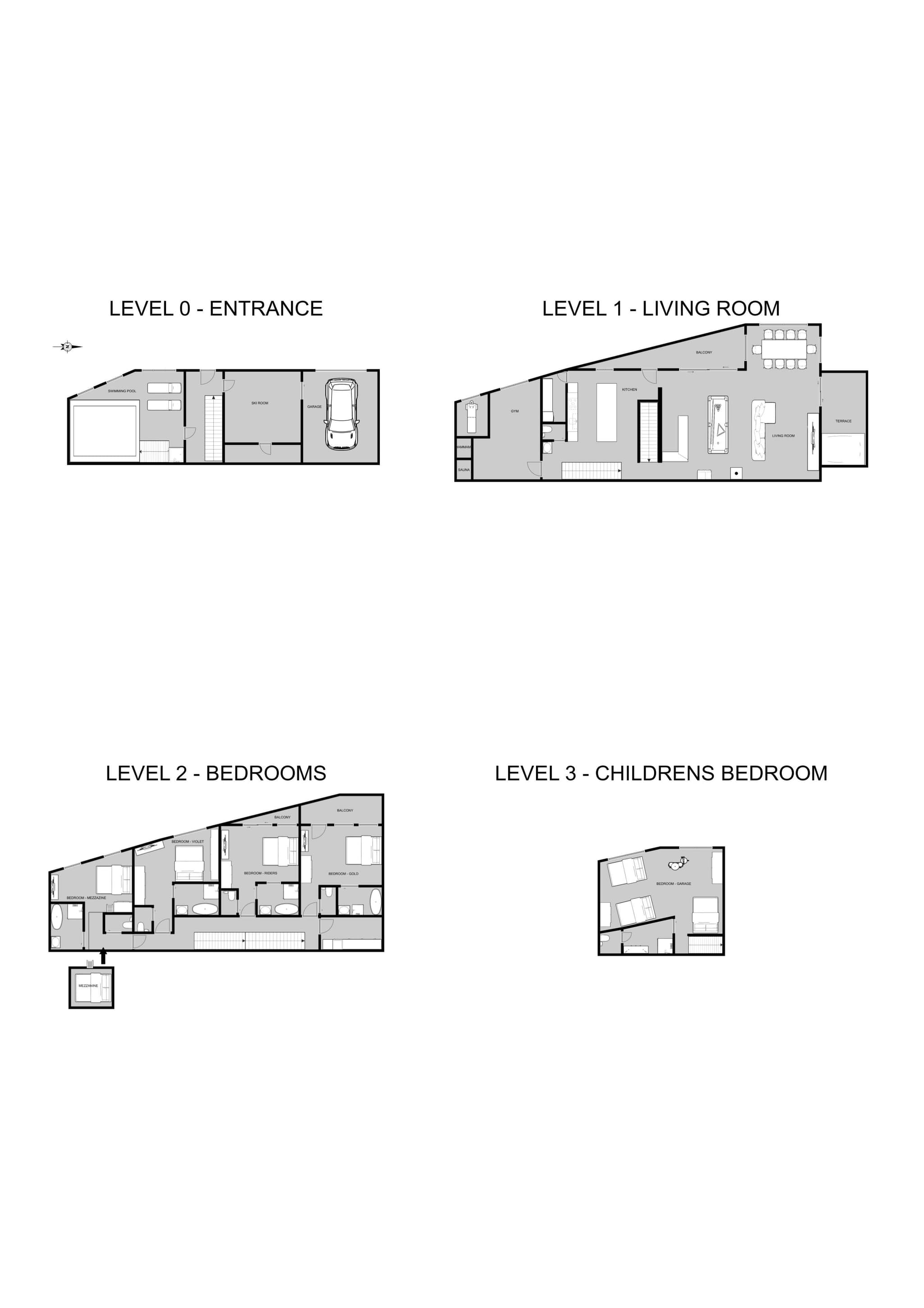 Four-level floor plan showing indoor pool, gym, multiple balconies, and top-floor children's suite
