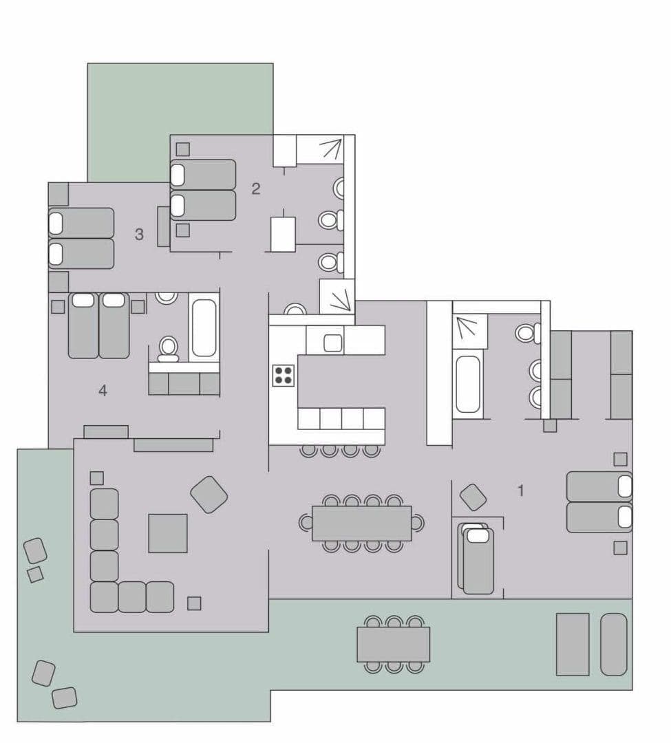 Floor plan: open living area, four bedrooms, and large outdoor terrace