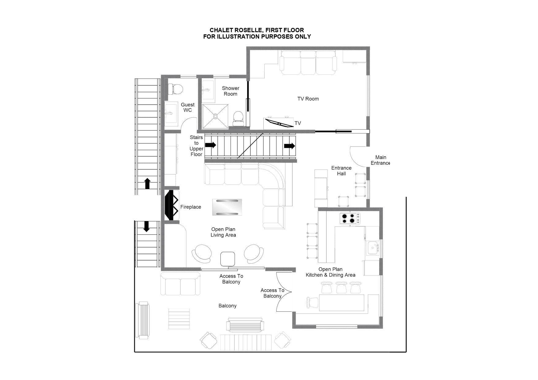First floor plan: open-plan living and kitchen, TV room, and balcony access