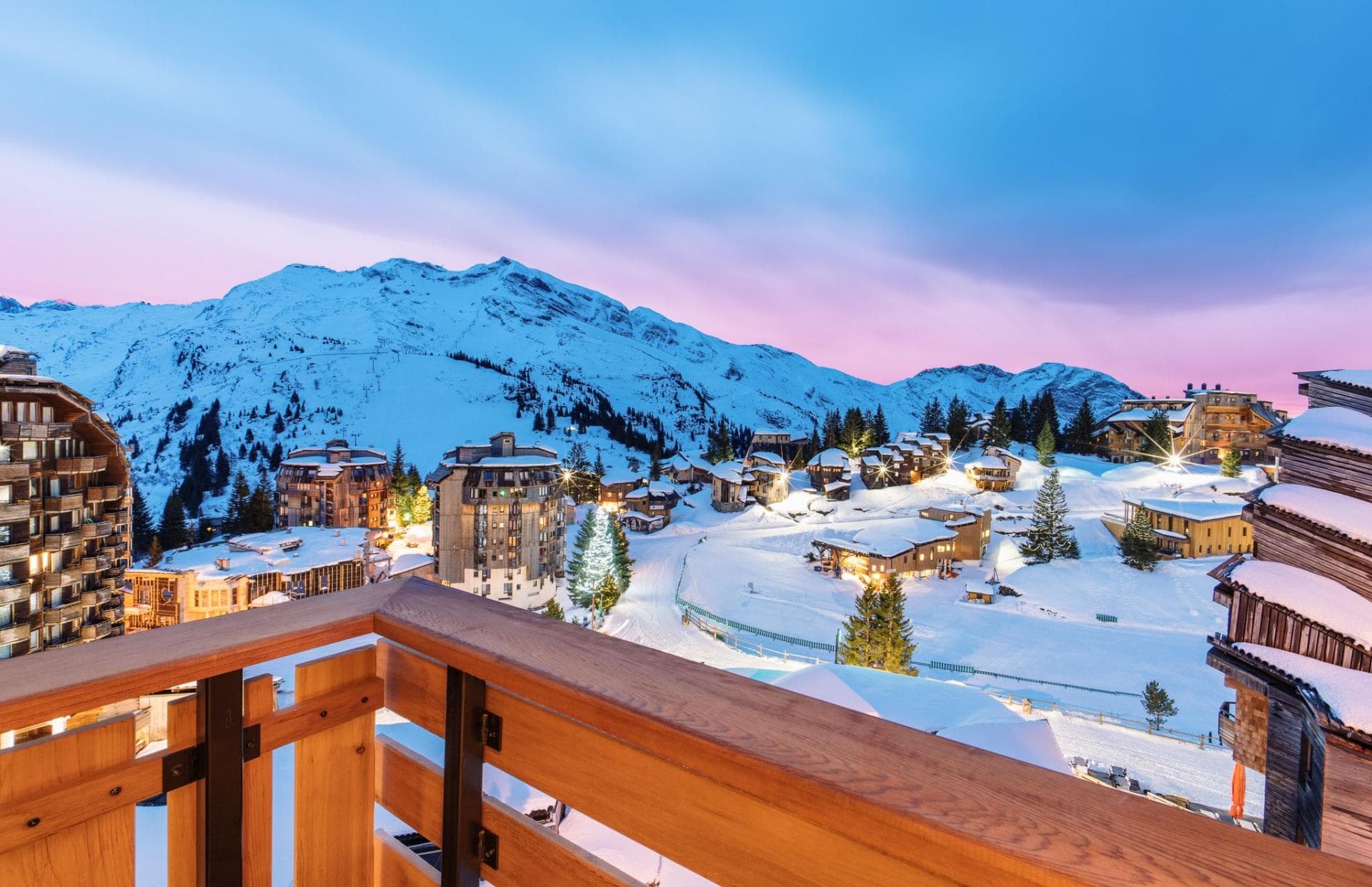 Private balcony with mountain views and direct ski village access