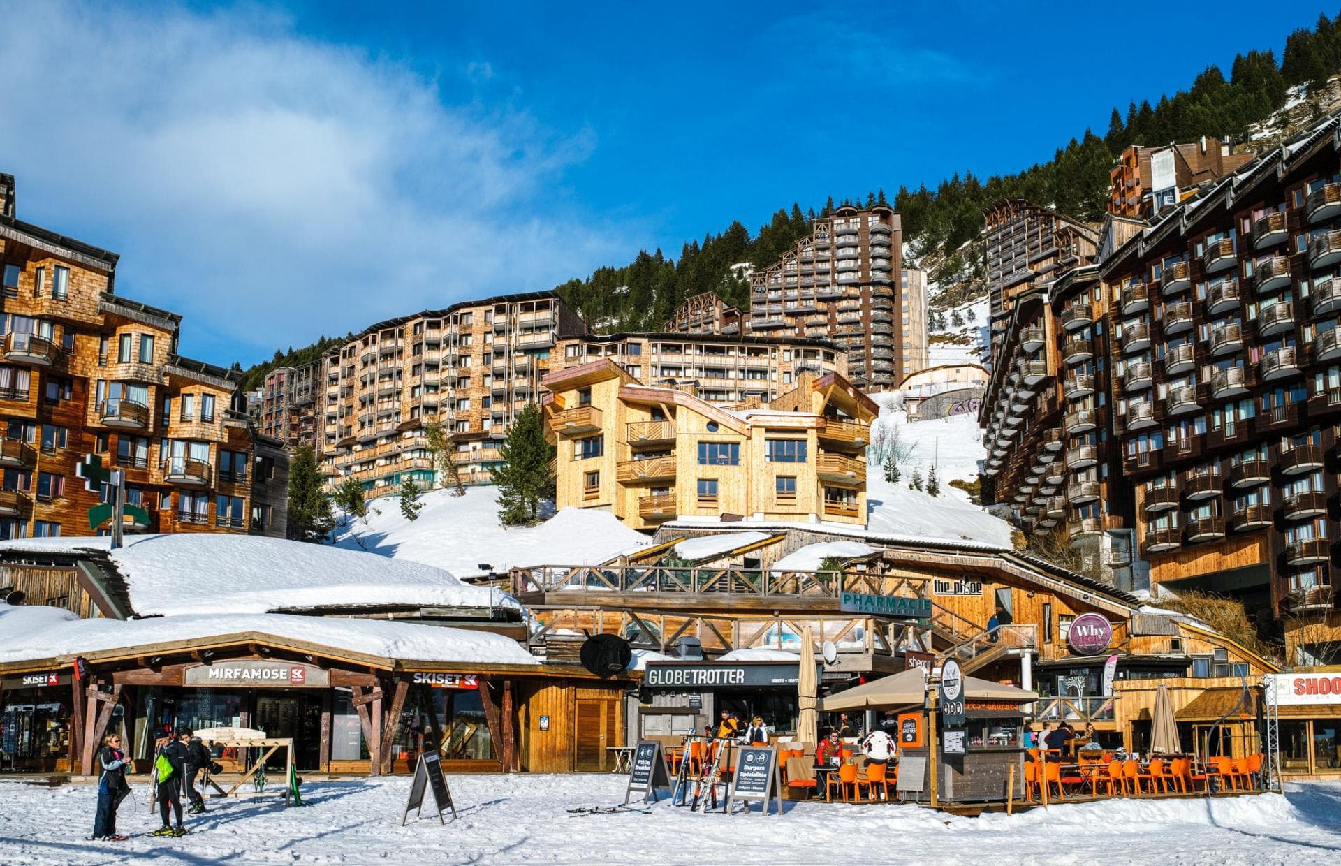 Ski-in/ski-out access; base village with pharmacy and equipment rentals