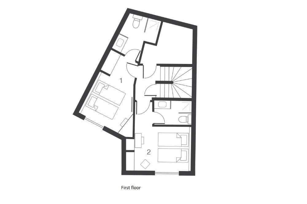 First floor layout: two twin bedrooms and two private bathrooms