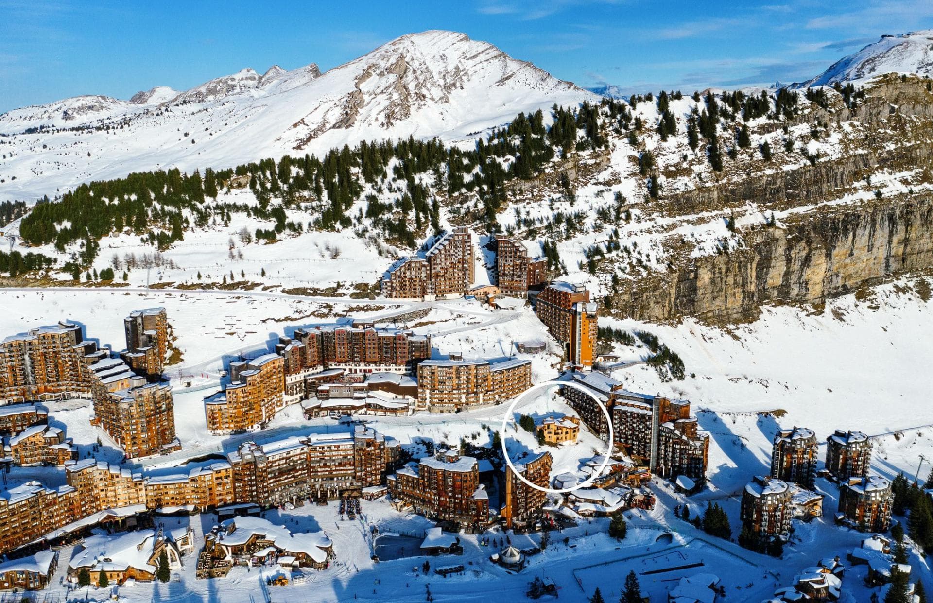 Aerial view of Avoriaz resort with chalet location and ski-in/ski-out access