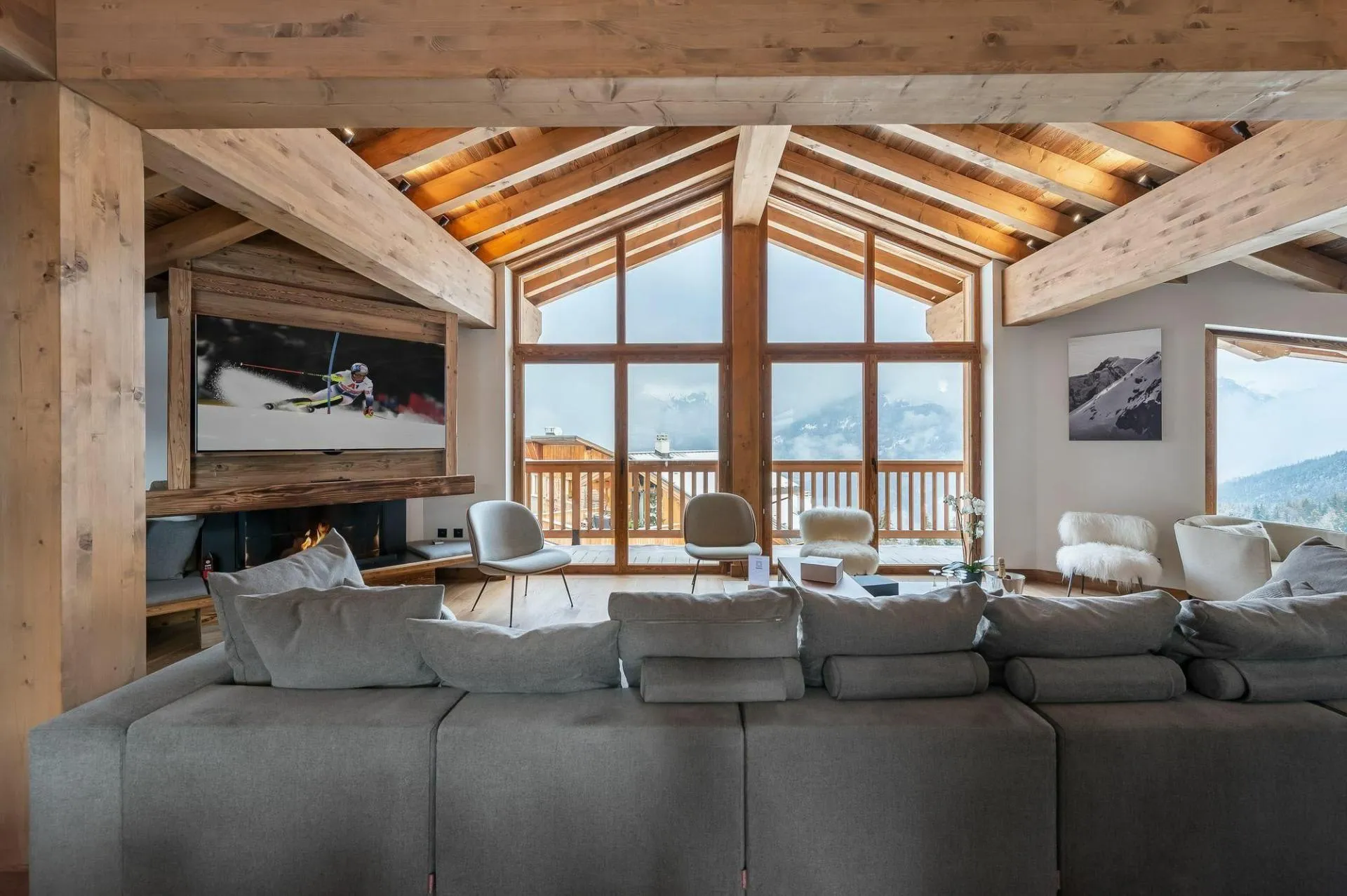 Living room with mountain-facing windows