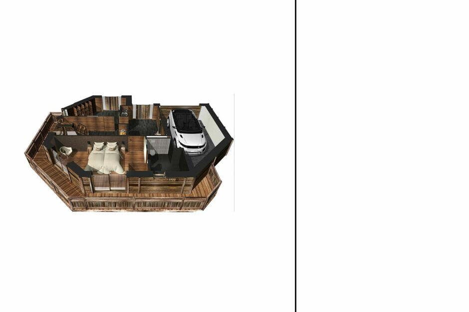 Ground floor plan: bedroom, garage, walk-in storage, and wrap-around deck
