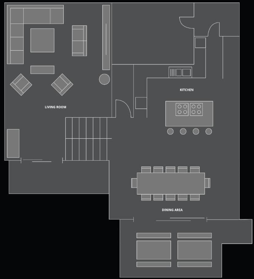 Main level layout: open kitchen, dining for 12, and living area