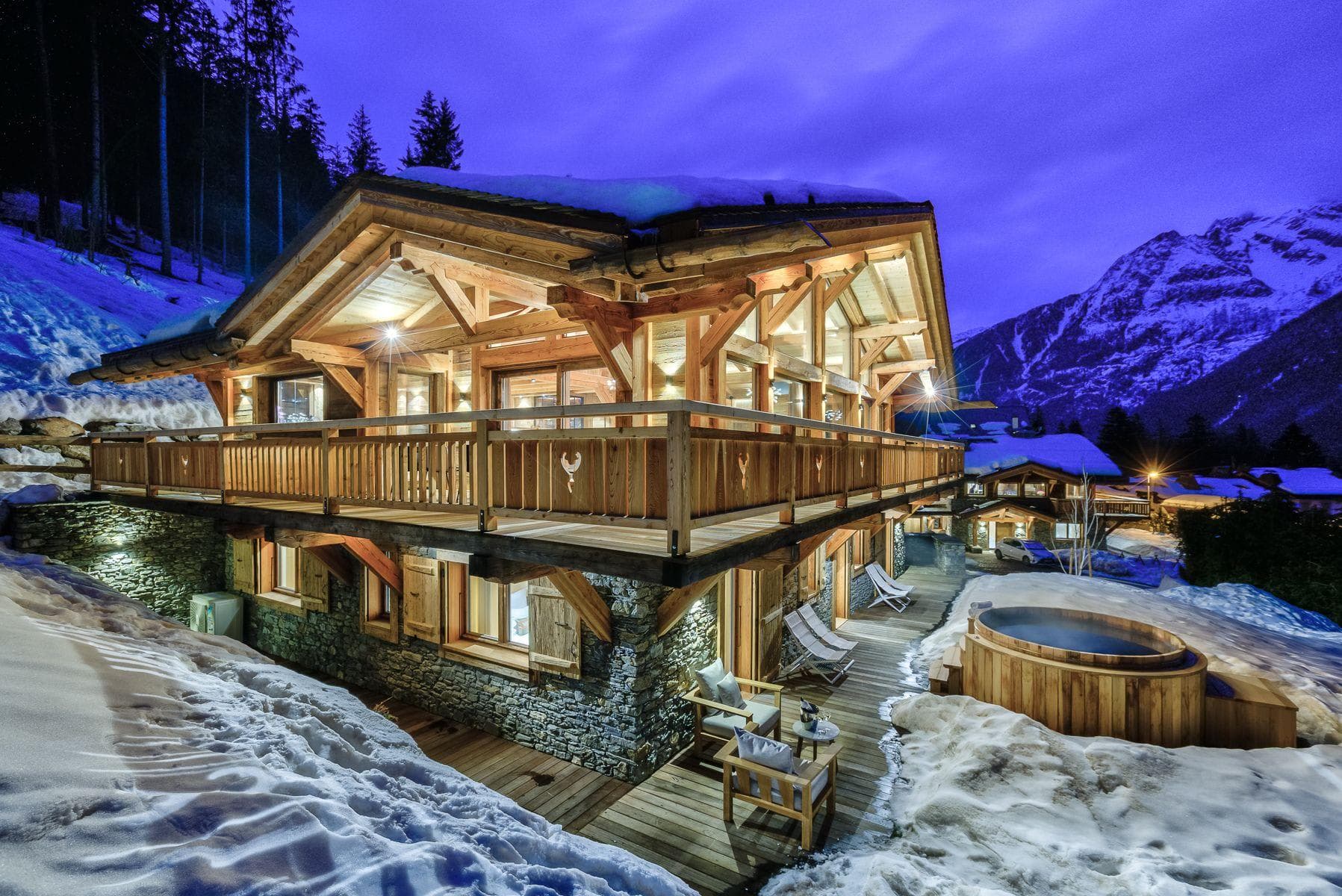 Ski-in chalet with wrap-around balcony and cedar wood hot tub