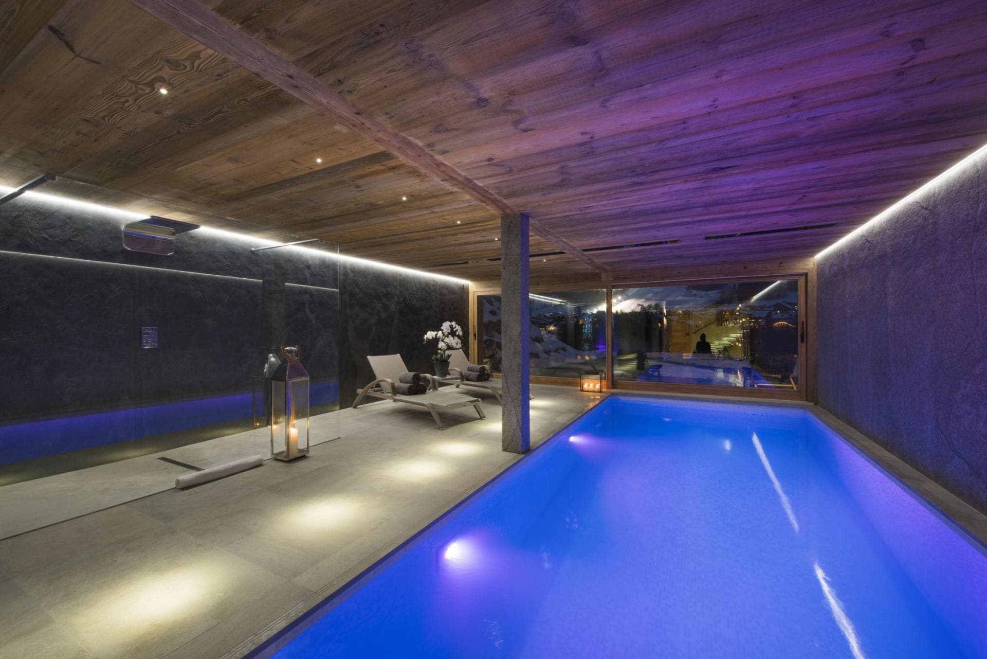 Indoor pool area with walk-in rainfall shower and mountain-view windows