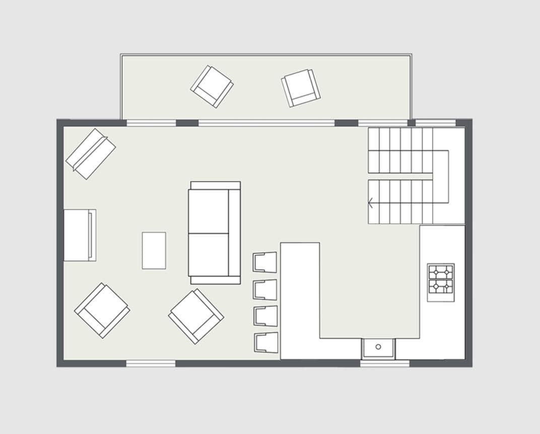 Floor plan: open-concept living area, kitchen with island seating, and outdoor deck