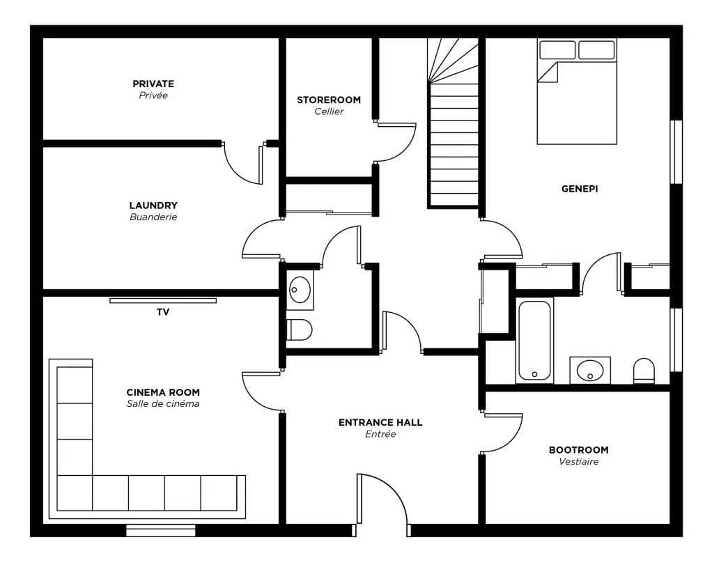 Ground floor layout: cinema room, boot room, laundry, and ensuite bedroom