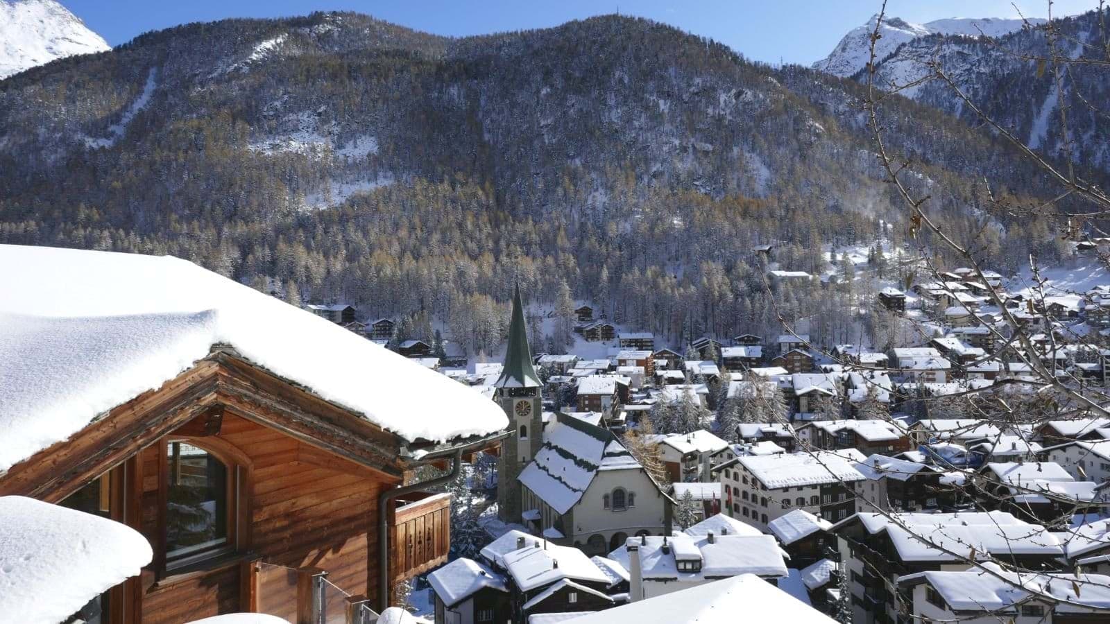 Balcony view overlooking Zermatt village and Pfarrkirche St. Mauritius church