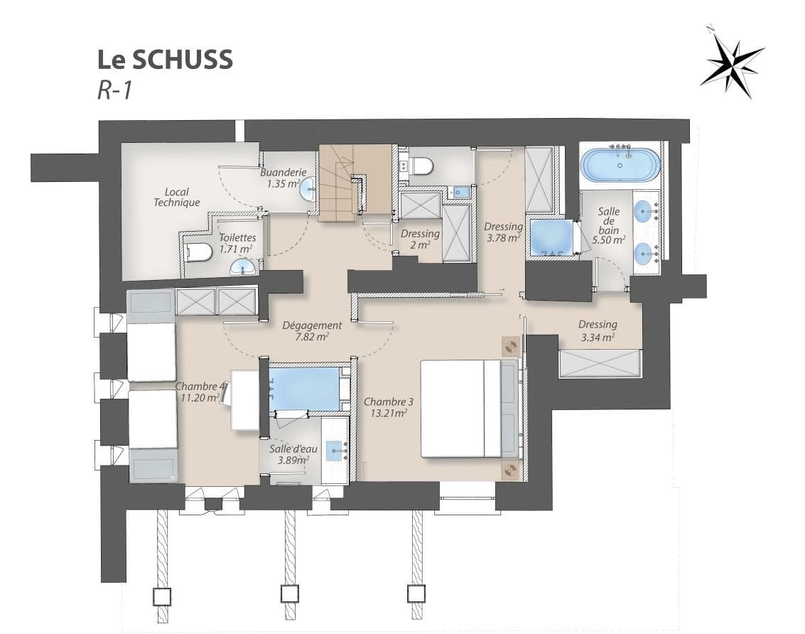 Lower level floor plan: two bedrooms with en suite bathrooms and walk-in closets