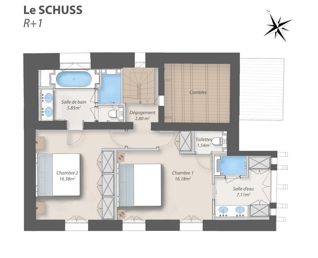 First floor plan: two bedrooms with en-suite bathrooms and attic storage area