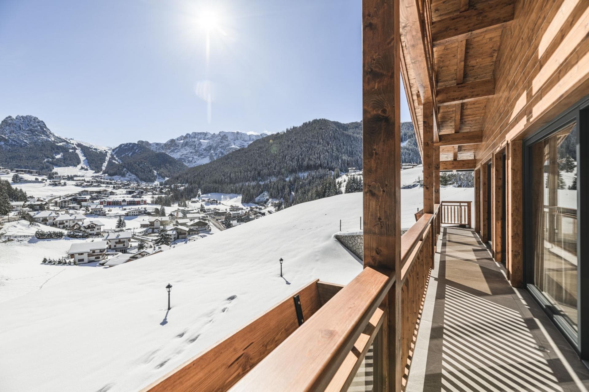 Covered balcony with views of the village and ski slopes