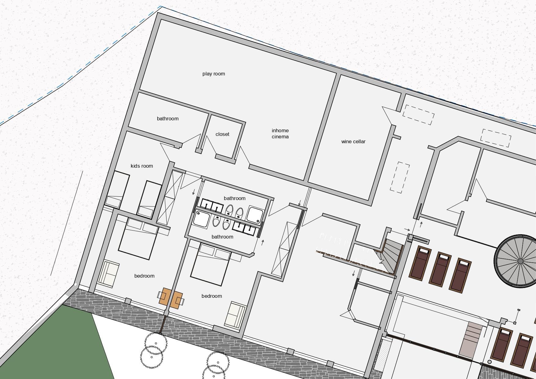 Lower level floor plan featuring in-home cinema and wine cellar