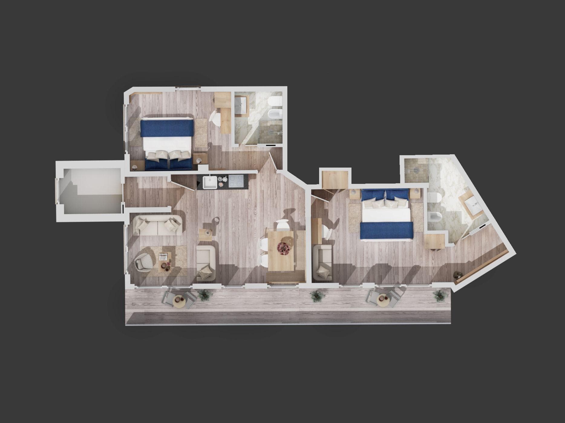 Floor plan: two ensuite bedrooms, open-plan living area, and full-length balcony
