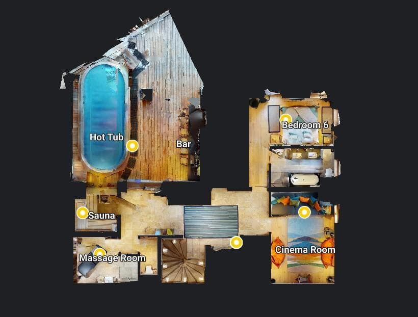 Lower level floor plan: hot tub, sauna, cinema room, bar, and massage room
