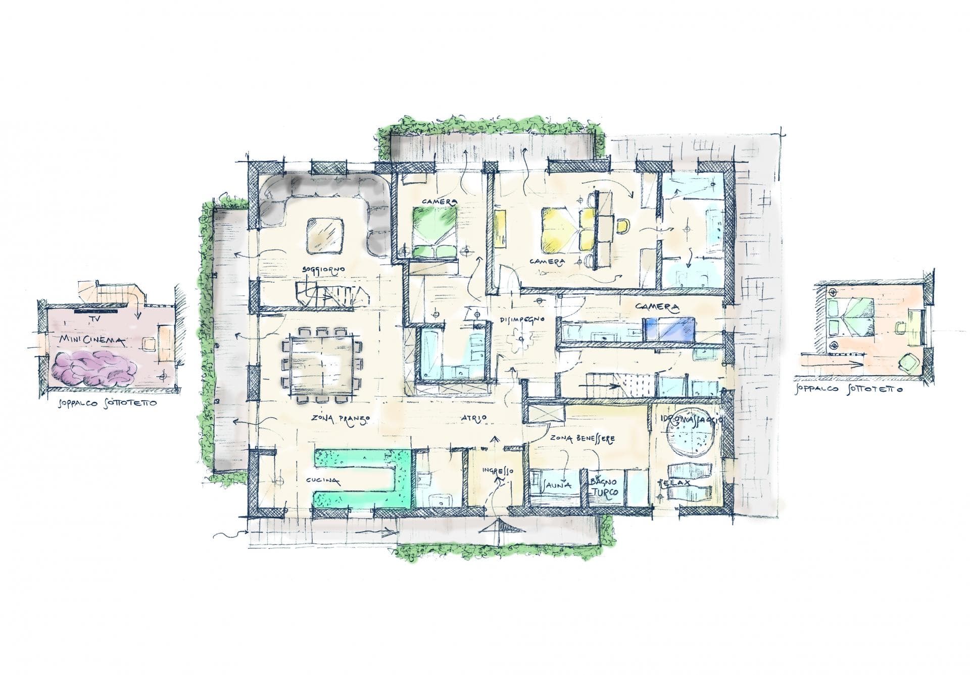 Floor plan: open-plan living, three bedrooms, mini cinema, and spa with sauna