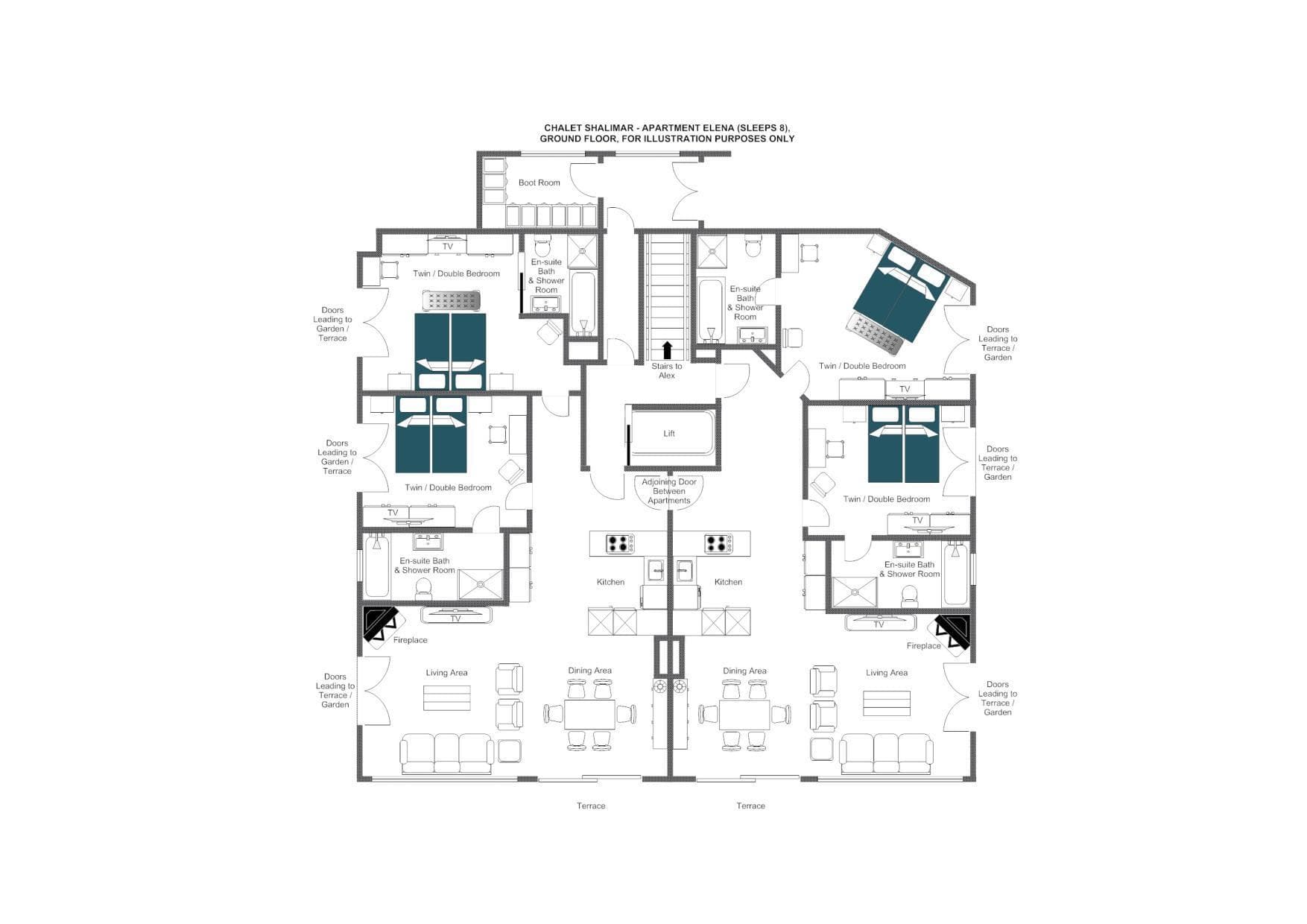 Ground floor plan: four en-suite bedrooms, open-plan living, and boot room