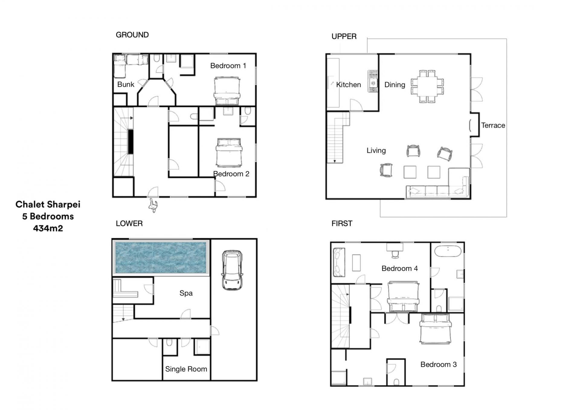 Four-level floor plan including spa, pool, garage, and five bedrooms